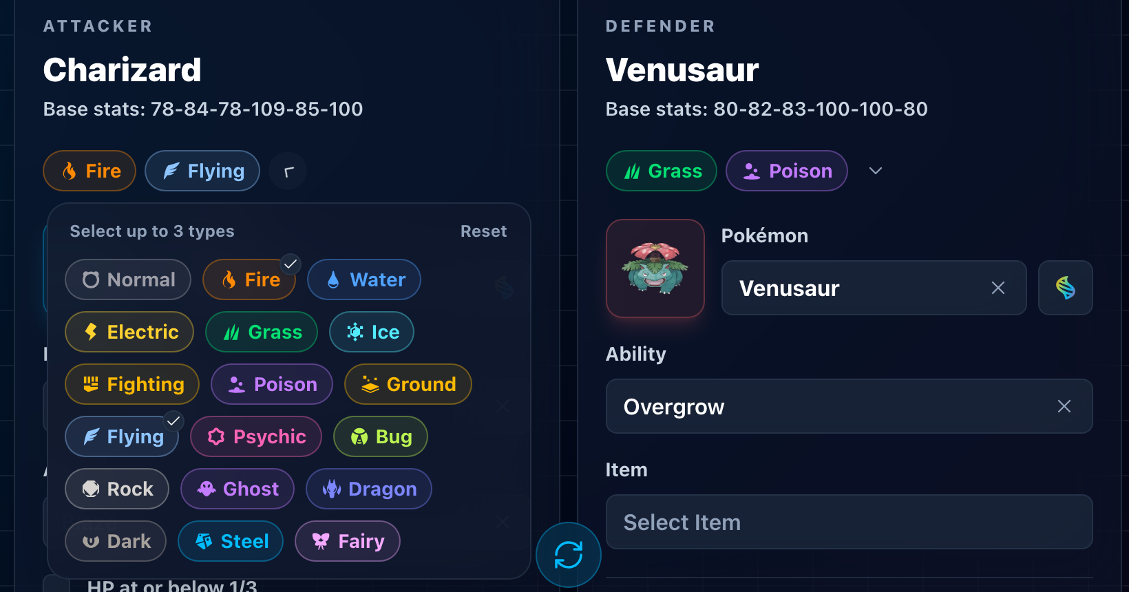 Current type selector with Fire and Flying selected